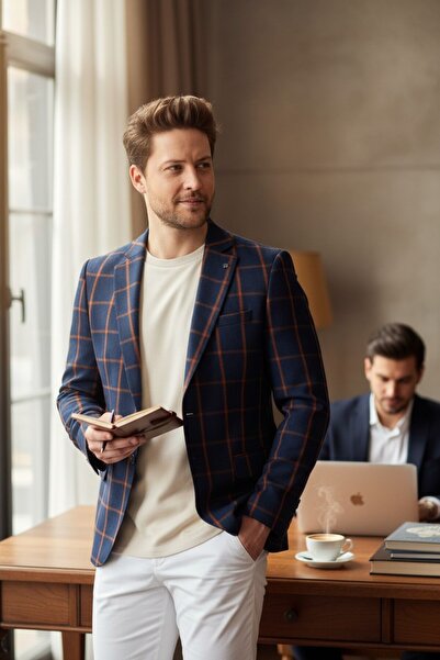 Frappoli Drive Erkek Lacivert-Kiremit Ekose Kareli Poliviskon Kumaş Slim Fit ...