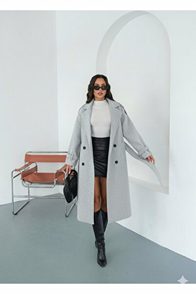 Behills Premium Women's Light Gray Cashmere Coat Long Winter Belted Stylish Overcoat Jacket Light Gray