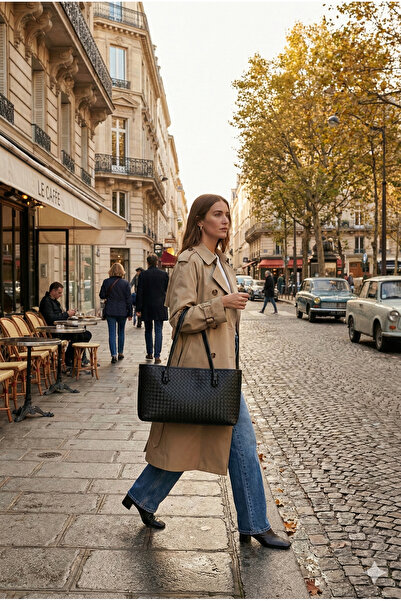 GALB Black Women's Knitted Pattern Pu Leather Hand and Shoulder Bag – Elegant Wide Form