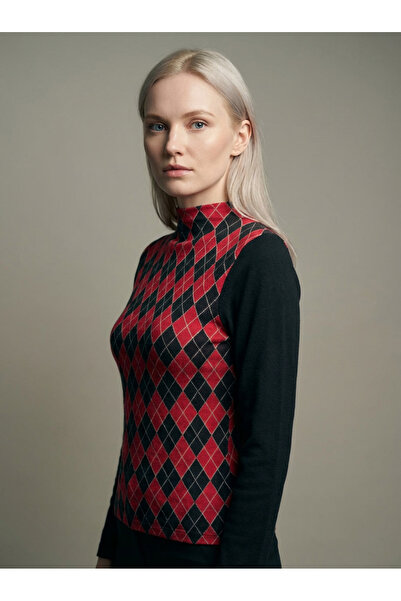 Şiir Madrid Women's Slim Fit Half Turtleneck Long Sleeve Argyle Pattern Sweater & Blouse & Top - Black