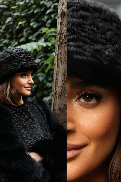 Mağazam Online Premium British Royal Style Kalpak Hat Women's Winter Beanie Plush Faux Fur - Astrakhan Black