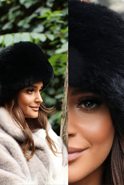 Mağazam Online قبعة قلب قطيفة سوداء |   قبعة نسائية شتوية من الفرو الصناعي للعام الجديد، هدية رأس السنة