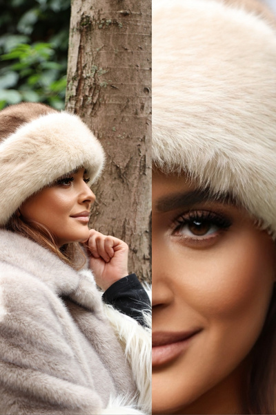 Mağazam Online British Royal Style Kalpak Hat Women's Winter Beanie Plush Faux Fur - Mink Earth Ecru