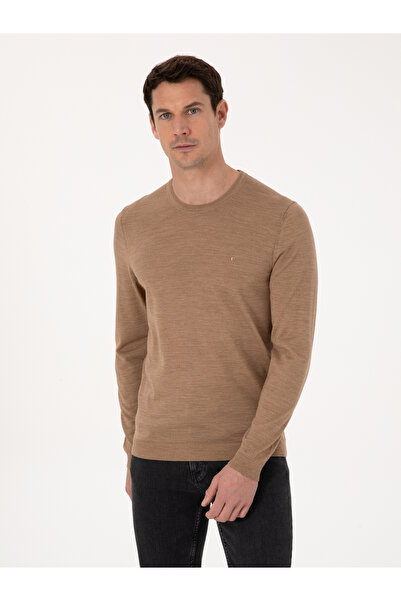 Cacharel Camel Slim Fit Yün Karışımlı Bisiklet Yaka Basic Triko Kazak 50318854-VR015