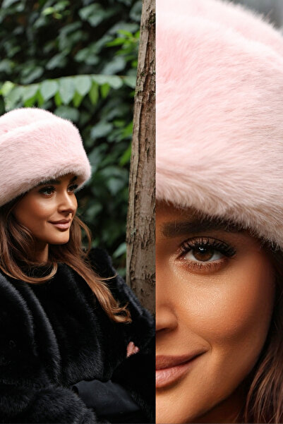 Mağazam Online Premium British Royal Style Kalpak Hat Women's Winter Beanie Plush Faux Fur - Mink Pink