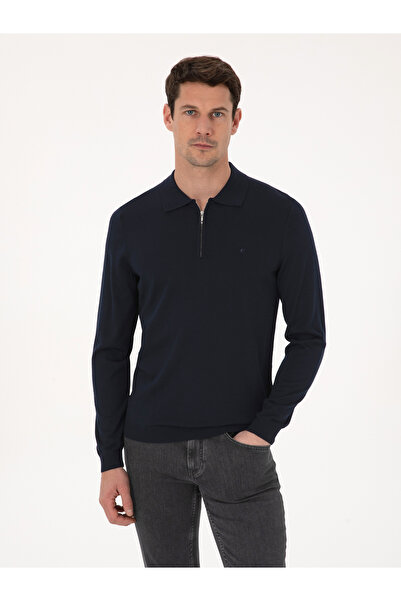 Cacharel Lacivert Regular Fit Yün Karışımlı Fermuarlı Polo Yaka Basic Triko Kazak 50318901-VR033