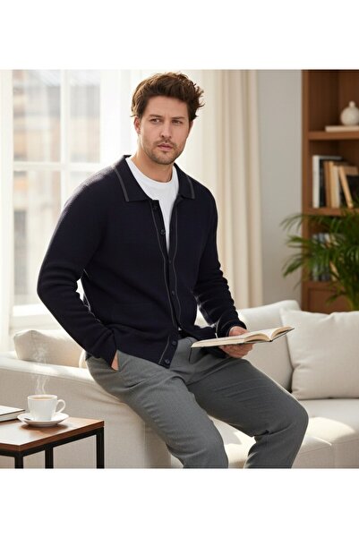 Frappoli Loix Men's Navy Blue Cotton Blend Thessaloniki Knitted Cardigan with Pocket Pockets