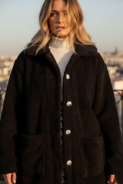 Mossta Women's Plush Coat – Black Pocket Model