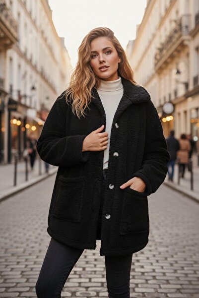 Mossta Soft Textured Plush Coat – Black