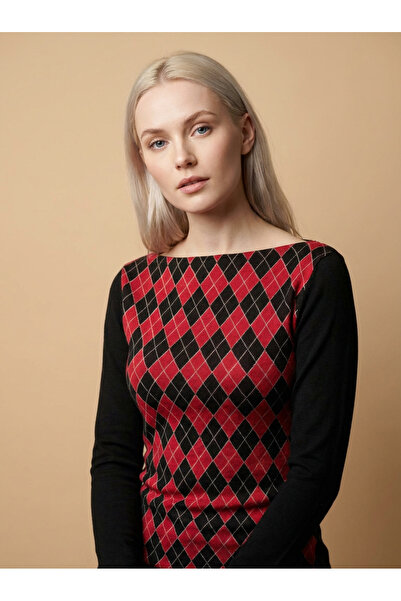 Şiir Getafe Women's Slim Fit Boat Neck Long Sleeve Argyle Pattern Sweater & Blouse & Top - Black