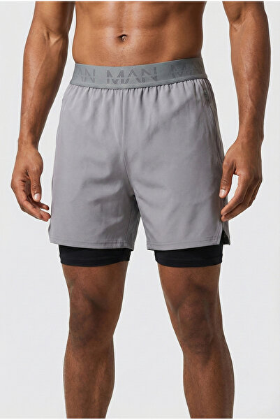 Man Of Man Gri Unisex Gym Ve Fitness Fitness Astarlı Taytlı Şort