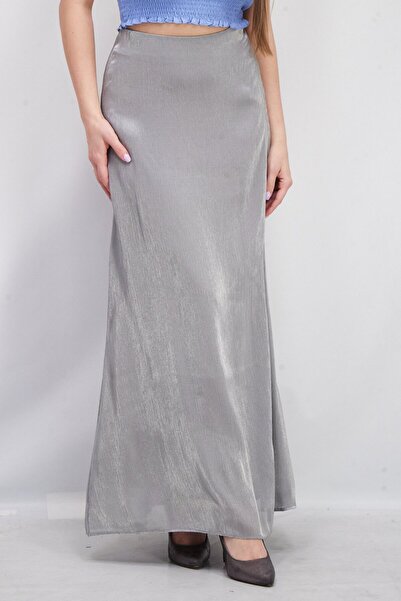 NA-KD Women Shiny Flowy Maxi Skirt, Grey Silver