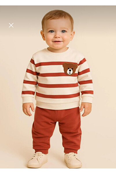 mini mia Bear Embroidered Striped Baby 2-Piece Set – Sweatshirt and Bottoms, Everyday Comfort