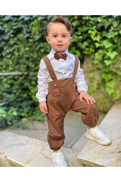 ykr design طقم قميص وربطة عنق للأطفال الذكور باللون البني