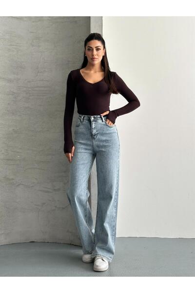 modazoom Damen-Denimjeans mit hoher Taille und weitem Bein in Snow Wash-Optik