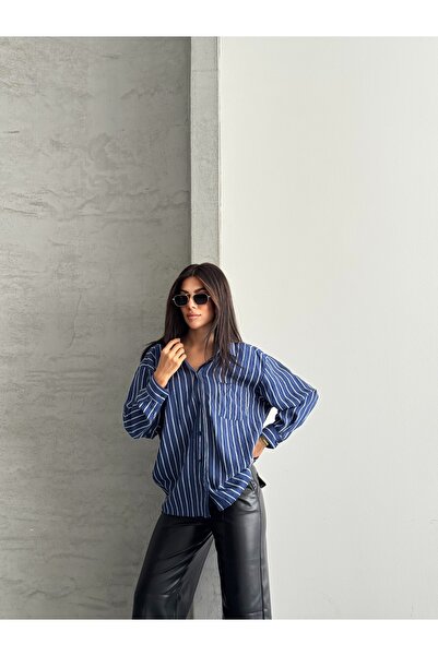 modazoom Kadın Çizgili Oversize Uzun Basic Gömlek