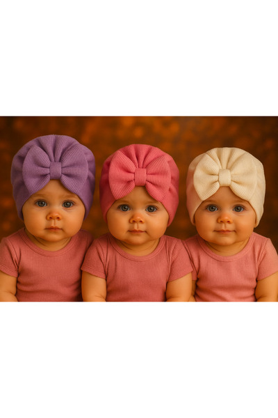 Pico Baby Set de 3 bonete pentru bebeluși cu strat dublu cu fundă - violet/al...