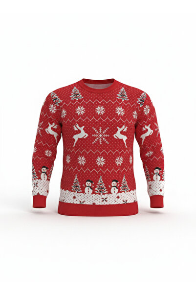A&O Style Unisex Red Regular Fit Crew Neck Christmas Deer Themed Knitwear Sweater