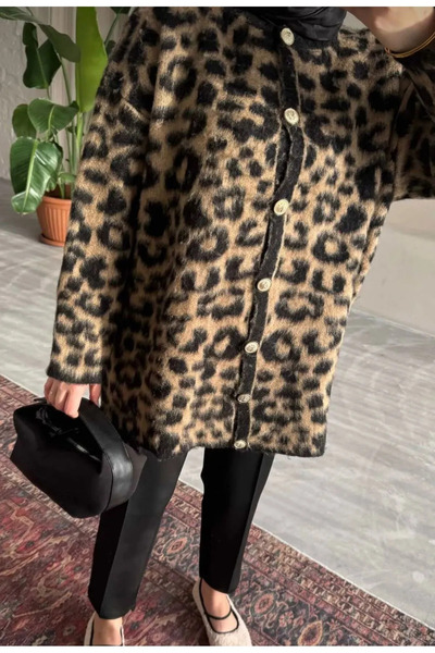 MODA Niche γυναικεία μακριά πλεκτή ζακέτα με λεοπάρ σχέδιο