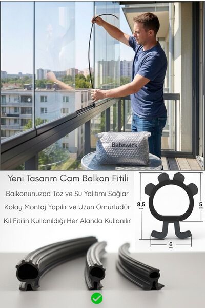 BABAWİCK Cam Balkon Fitili 8,5 mm Yükseklik 5 Metre Uzunluk Toz ve Su Yalıtımı İçin Kıl Fitil Alternatifi