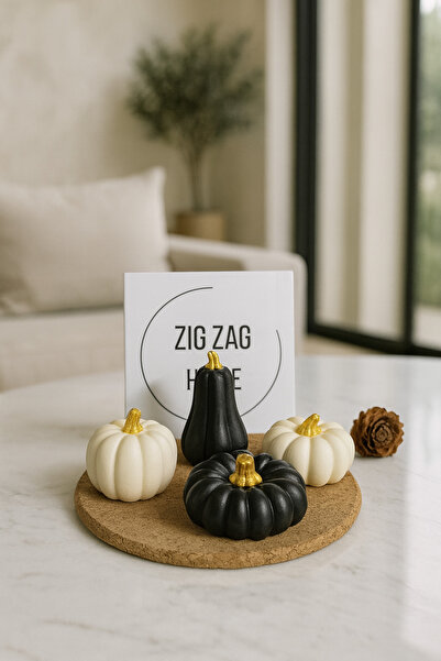 Zigzag Home Dekoratif 4 Lü Bal Kabağı Siyah Bej (Gold Detaylı ) Biblo , Sanat...