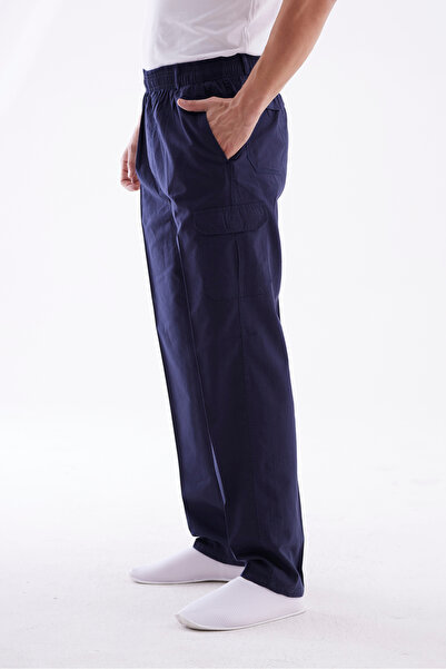 Beratnur Men's Luxury Navy Blue Comfortable Fit Elastic Waist Linen Hajj and Umrah Clothing Trousers