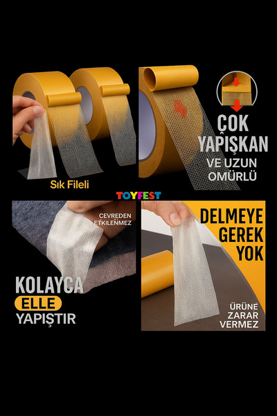 Buffer ® Fiber Örgülü Güçlendirilmiş Çift Taraflı Çok Amaçlı Bant Halı Kaydırmaz Bant 5cm X 10 Mt