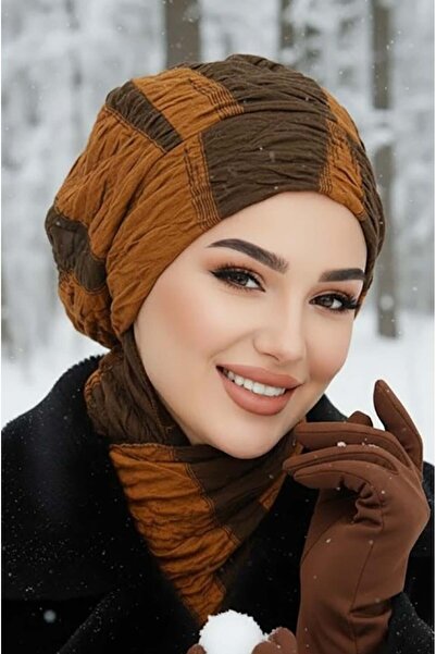 Aişe tesettür Siyah Taba Çizgili Tesettür Bere ve Etol Takım