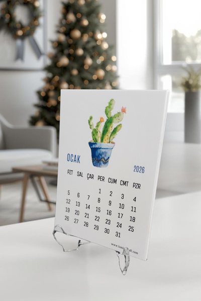 Burak Baskı Tasarım Kaktüs Temalı Standlı Mini Masa Üstü Takvimi 2026 Yılı