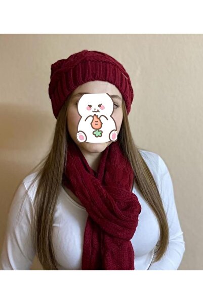 sema aksesuar Women's Burgundy Color Knitted Scarf and Beanie Set Set - Valen...