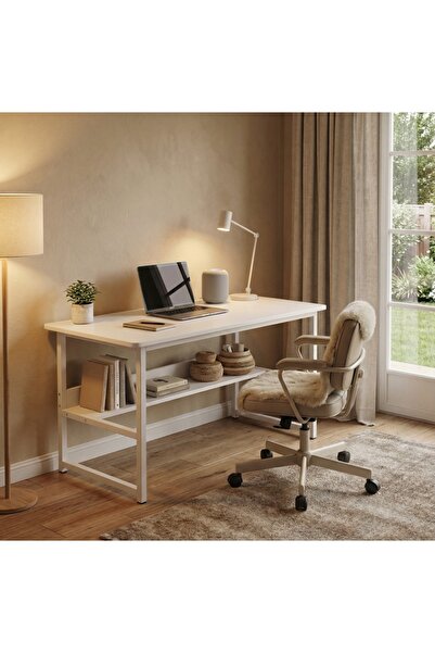 Aralifes طاولة ألعاب كمبيوتر حديثة مع أرفف تخزين - مكتب دراسة من الخشب الصلب والمعدن