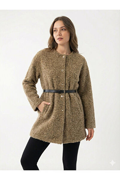 F&D giyim Kadın Kaşe Keçe Kemerli Uzun Ceket