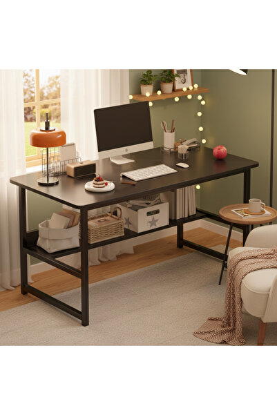 Aralifes طاولة ألعاب كمبيوتر حديثة مع أرفف تخزين - مكتب دراسة من الخشب الصلب والمعدن