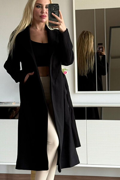 CİDDE Γυναικείο παλτό με κορδόνι με γιακά σάλι Premium με υφή μήκους 115 εκ.