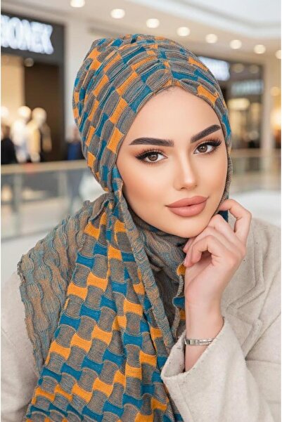 Aişe tesettür Anthracite Mustard Patterned Butterfly Model Gathered Bonnet Shawl