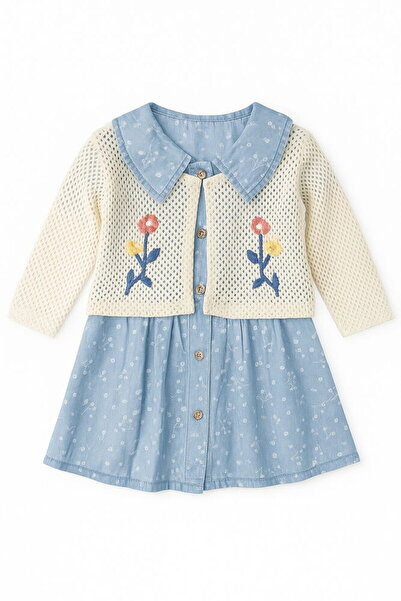 Via Girls 9240 Kız Bebek Önü Düğmeli Elbise Bolera 2'li Takım