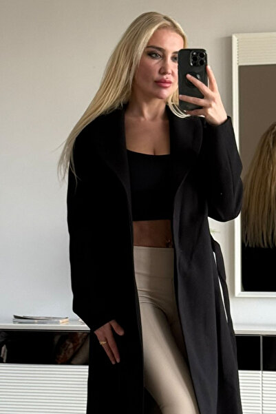 CİDDE Γυναικείο παλτό με κορδόνι με γιακά σάλι Premium με υφή μήκους 115 εκ.