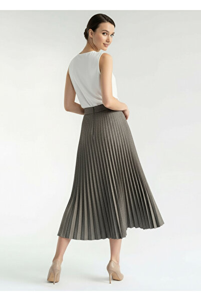 Exquise Herringbone Patterned Pleated High Waist Buckle Regular Midi Skirt