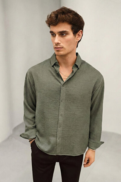 Bürke Ανδρικό πουκάμισο με μακρυμάνικο λινό υφή, πράσινο λαδί, μισό oversized