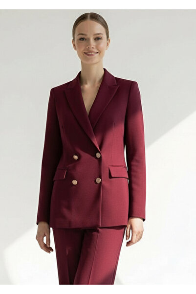 Exquise Double-Breasted Woven Blazer Jacket with Gold Button Detail