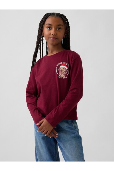 GAP Kız Çocuk Bordo Relaxed Grafik T-Shirt