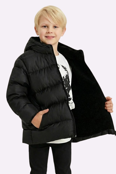 freemen Chlapecký zimní kabát z černého fleece kožešiny s kapucí a voděodolným větruodolným Pocket Puffer