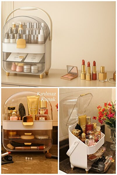 MAKRİ HOME 3 Katlı Kırılmaz Şeffaf Kapaklı Makyaj ve Takı Organizeri, 2 Çekmeceli, 19×27×36(yükseklik) cm