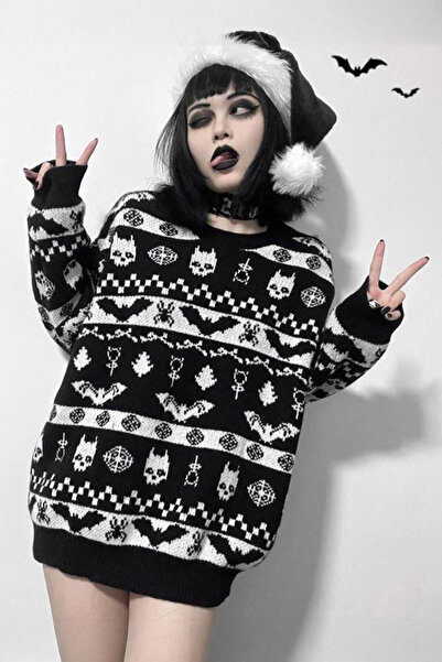 Köstebek Black Gothic Patterned Oversize Christmas Peripet Pullover