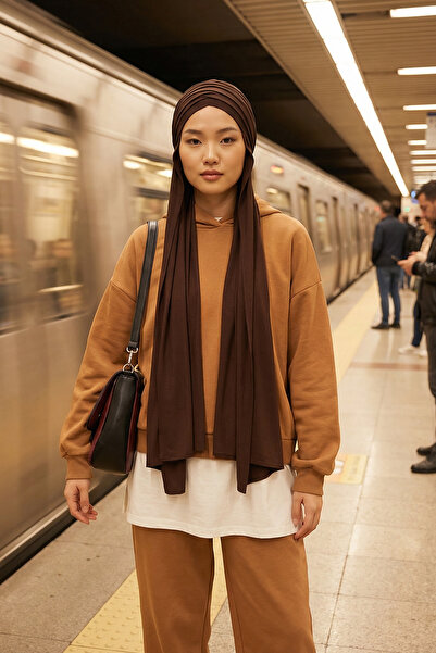 Aisha's Design Combed Cotton Boneli Ready-Made Combed Cotton Hooded Shawl Two-Piece Set, Ps-57, Brown