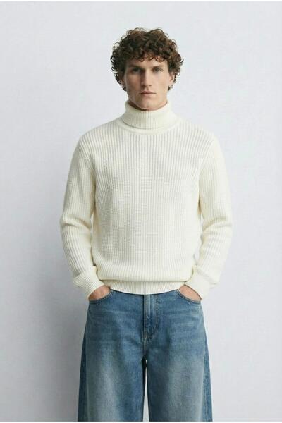 ablukaonline Men's Oversized Turtleneck High Neck Sweater Ecru