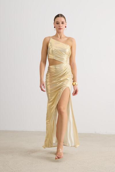 Carmen Ecru Gold Low-Cut Slit Shiny Knitted Evening Dress