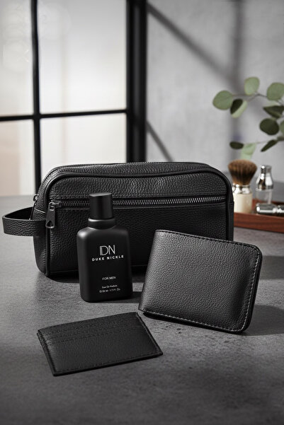 Duke Nickle Siyah Vegan Deri El Çantası, Klasik Cüzdan & Kartlık Parfümlü Hediye Seti – Şık Ve Fonksiyonel