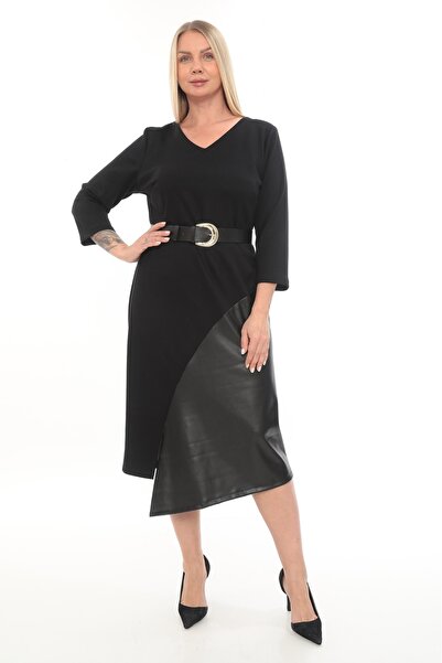 etselements V-Neck Belt Detailed Leather Garnil Dress Ets1012