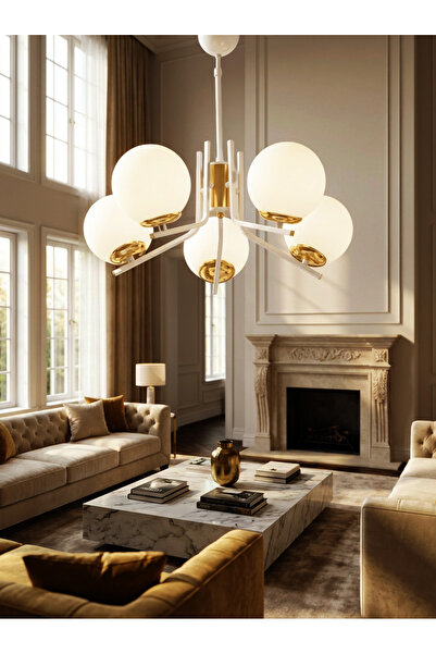 avimonaydınlatma ŞENNA 5'Lİ ALTIN - BEYAZ RENKTE BEYAZ GLOB CAMLI MODERN SARK...